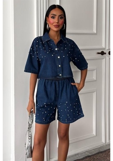 Taş Detaylı Gömlek Şort Denim Takım 10175 Deni M