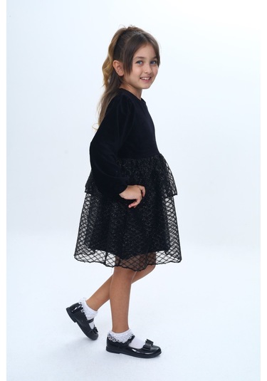 Toontoy Kız Çocuk Kadife Kat Kat Fırfır Detaylı Elbise Siyah