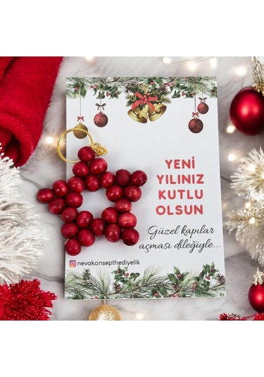 Yılbaşı-yeni Yıl Hediyesi 5 Adet Kırmızı Ahşap Boncuk Yıldız Anahtarlık