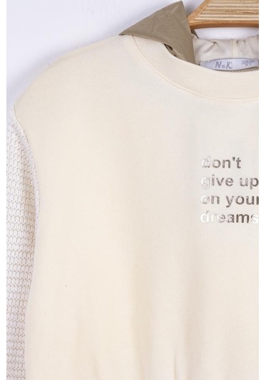 Kız Çocuk Kapüşonlu Triko Garnili Sweatshirt-13358-krem Krem
