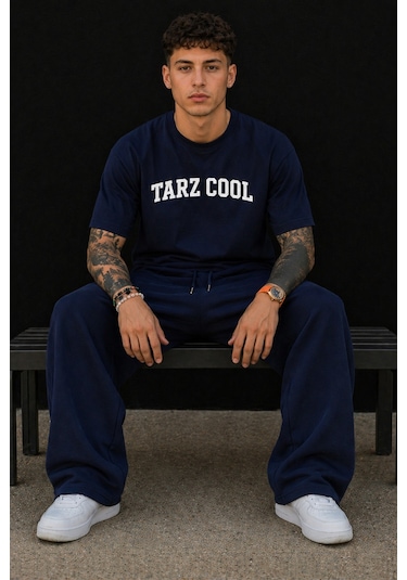 Tarz Cool Erkek Oversize Eşofman Altı Bağcıklı Rahat Kalıp Günlük Basic Jogger Pantolon Lacivert