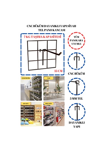 100 Adet Cnc Büküm Dayanıklı Yapı 15 Cm Siyah Tel Pano Kancası Siyah