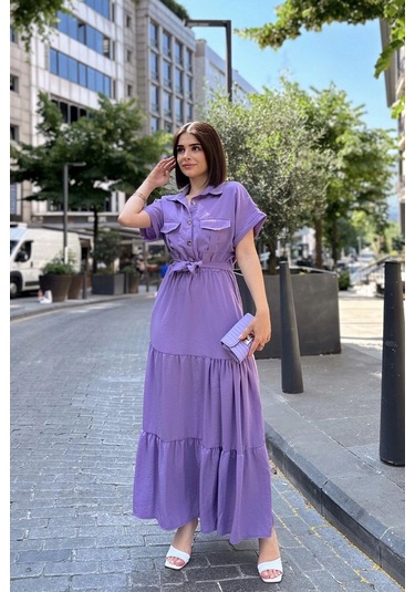 Mor Kısa Kol, Airobin Kumaş, Yarım Patlı, Kemerli/kuşaklı, Eteği Pliseli, Cepli Maxi Uzun Elbise Mor