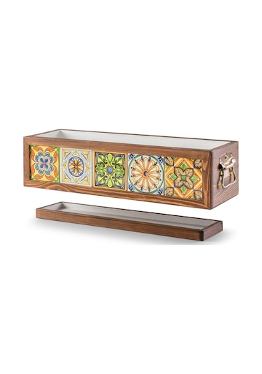 Halohope El Yapımı 5 Meksika Çinili Dekoratif Modern Ahşap Dikdörtgen Kaliteli Bahçe Balkon Saksı Saksılık