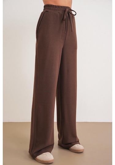 4757 Kadın Lastikli Bol Paça Örme Dökümlü Selanik Pantalon Kahve Kahve
