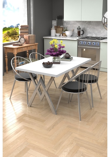 Evdemo Eylül Silver 4 Kişilik Mutfak Masası Takımı Beyaz Siyah