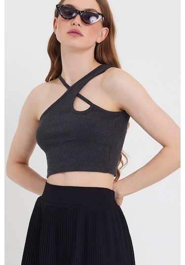 Quhox Kadın Askılı Crop Kaşkorse Antrasit