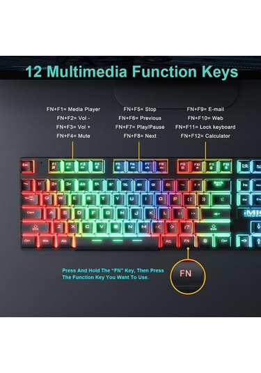 İmıce An-300 İngilizce Yüzeyden Kaydırılabilir Anahtar Kaplıklı Renkli Arka Işık Kablosuz Klavye Fare Seti Optik