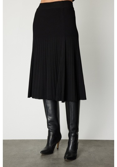On Kadın Piliseli Midi Triko Etek 69201 Siyah Siyah