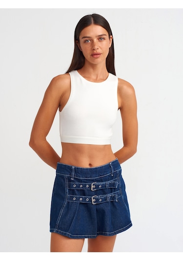 Dilvin Kemer Detaylı Mini Denim Etek Lacivert