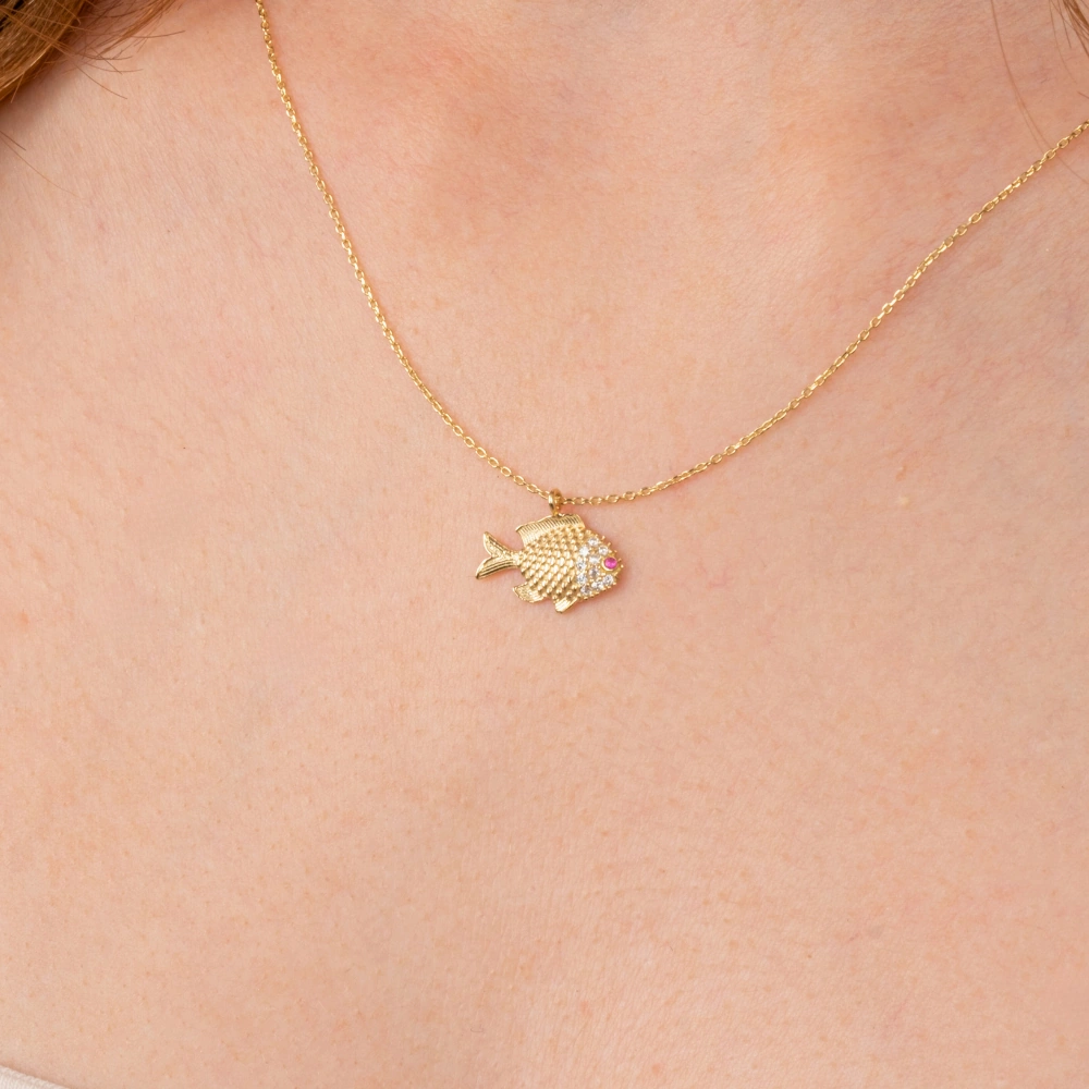 Gümüş Kolye - Taşlı Balık 925 Ayar Gümüş Kolye Sarı