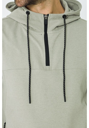 White Stone Açık Yeşil Kapüşonlu Yarım Fermuarlı Yandan Cepli Erkek Sweatshirt Khaık