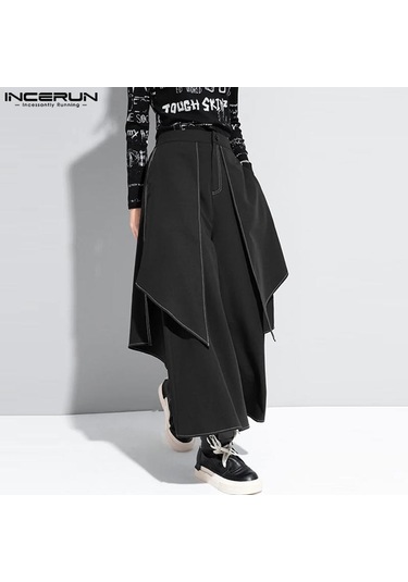 Incerun Sonbahar Sahte İki Parçalı Pileli Düzensiz Etek Uzun Pantolon Siyah