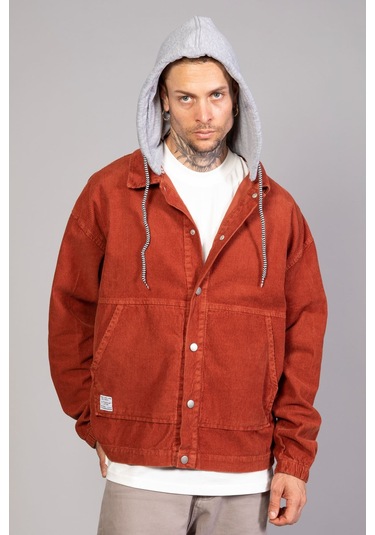 Erkek Kiremit Çıkarılabilir Kapüşonlu Oversize Pamuklu Kadife... Kiremit