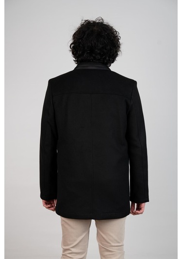 Yakalı Klasik Kesim Fermuarlı Kaşe Erkek Kaban Siyah