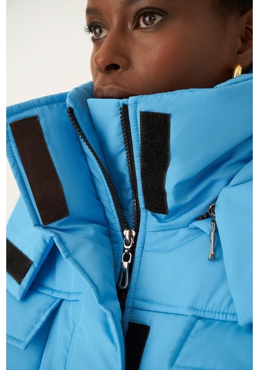 Perspective Kapüşonlu Şişme Uzun Kollu Mavi Kadın Mont 22270547