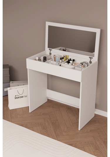 Df02114 Kapaklı Aynalı Bölmeli Makyaj Masası Beyaz