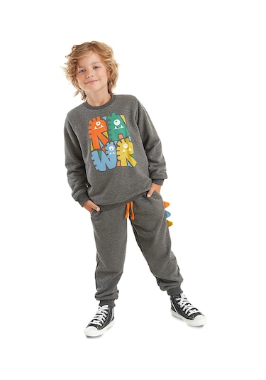 Denokids Rawr Tırtırlı Erkek Çocuk Antrasit Eşofman Takım Antrasit