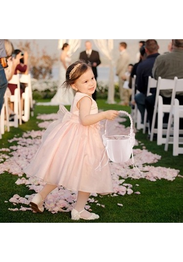 Novahub Düğün Çiçek Sepeti Kız Sepeti Fildişi Beyaz Organza Çiçek Sepeti