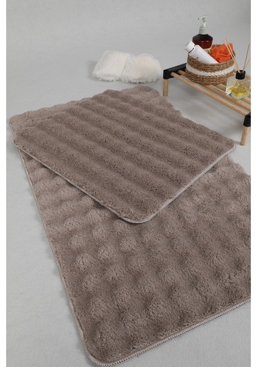 Modern Bubble Yıkanabilir Kaymaz Peluş Banyo Paspası Halısı 2'li Klozet Takımı 50x80-50x40cm Vizon