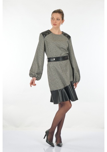 Unique Mode Yuvarlak Yaka Deri Detaylı Siyah Kadın Elbise Uw23350 001