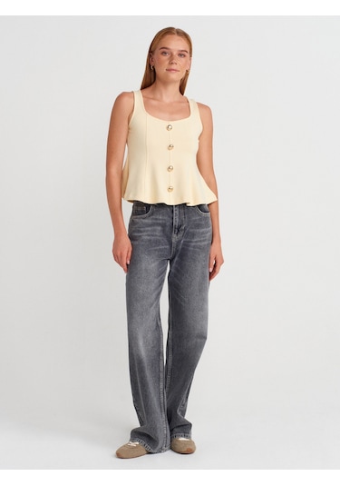 Dilvin 31979 Düğmeli Peplum Top-açık Sarı Açık Sarı