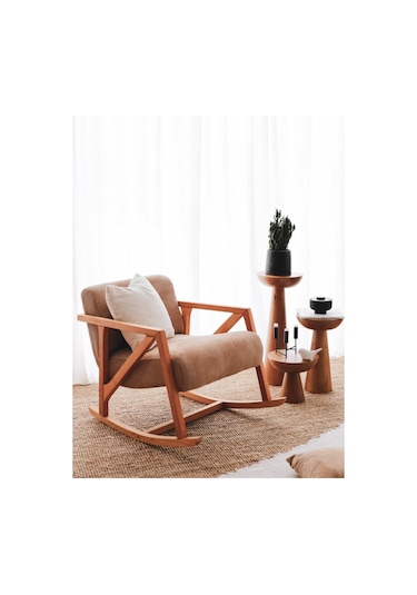 Sallanan Ahşap Berjer Kadife Camel