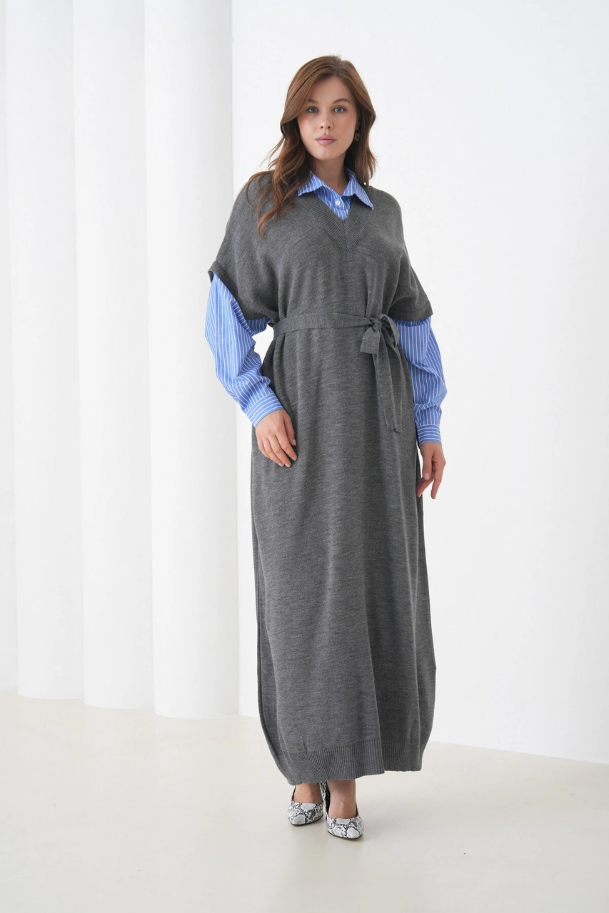 Kadın Uzun Kol Gömlek Yaka İçi Gömlekli Triko Kuşaklı Triko Spor Şık Elbise Gri