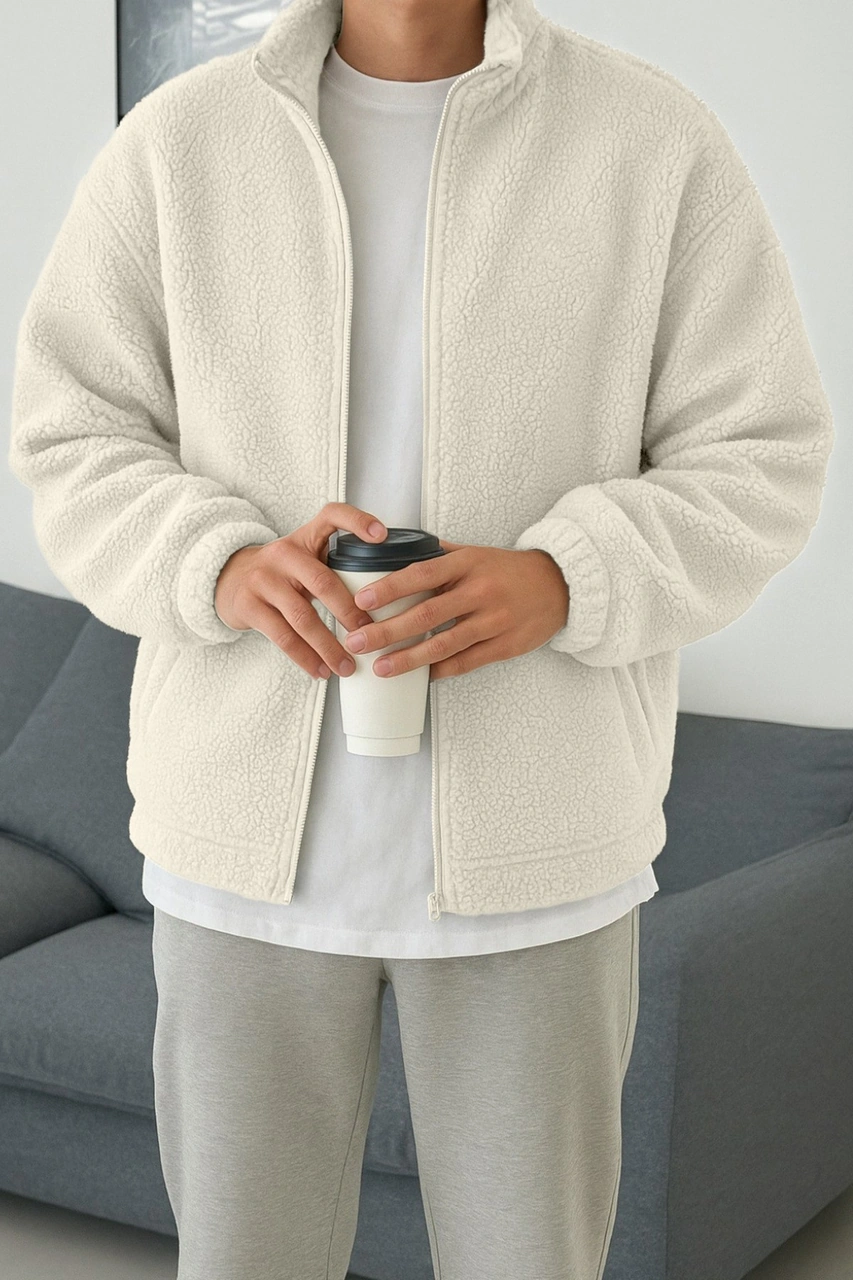 Ghassy Co. Erkek Isı Termal İç Dış Sherpa Sonbahar Kış Tam Fermuarlı Peluş Polar Sweatshirt Ekru