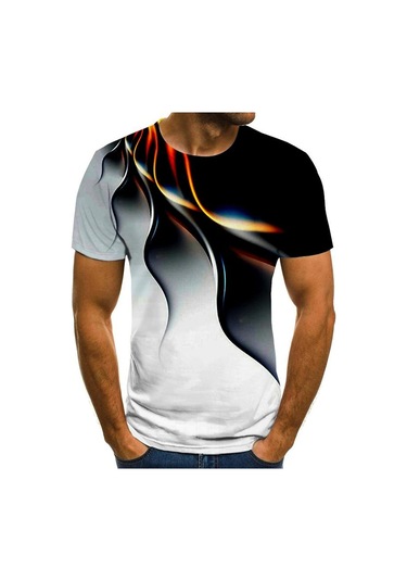 Siyah Yeni Yaz Erkek Moda Tişört Kişilik Renk Yıldırım Baskılı Erkek Tişört Üst Siyah