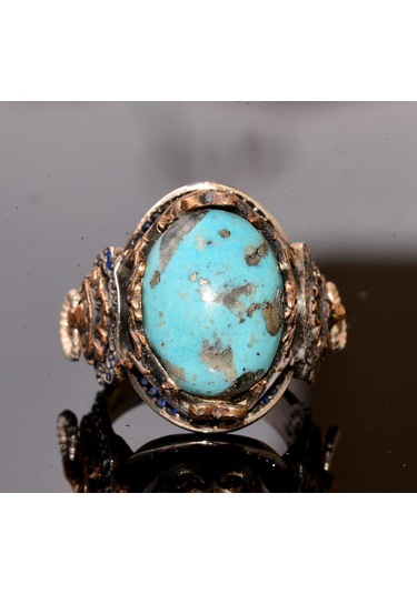 Gerçek Doğal Arizona Turkuaz Taşlı Aslan Yüzüğü - Gümüş Erkek Yüzüğü Gümüş