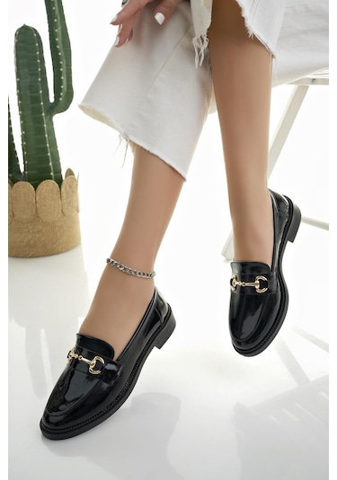 Muggo Sussie Garantili Metal Tokalı Kadın Loafer Günlük Ayakkabı Siyah Rugan
