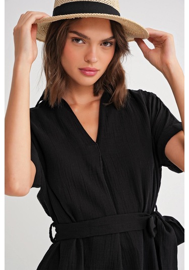 4720 Kadın Pile Detaylı Bağlamalı V Yaka Müslin Elbise Siyah Siyah