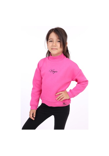 Kız Çocuk Relax Fit Dik Yaka Düşük Omuz Nakış Baskılı Sweatshirt - 3 İplik Şardonlu Fuşya