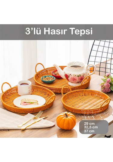 Porsima 710-d Yuvarlak 3'lü Hasır Tepsi Dekoratif Sunum Tepsisi