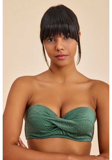 Bali Yeşil Balenli Dolgulu Straplez Push-up Bikini Üst Yeşil
