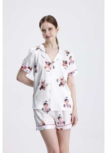 Laperissa Kadın Kısa Kol Şortlu Pijama Takımı Kız Bebek Desenli Yazlık Rahat Ev Giyim Beyaz