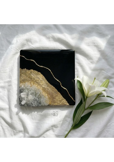 Geode Nero Kuvars Taşlı Modern Epoksi Duvar Tablosu Enerjisel & Dekoratif Sanat 20x20 Cm