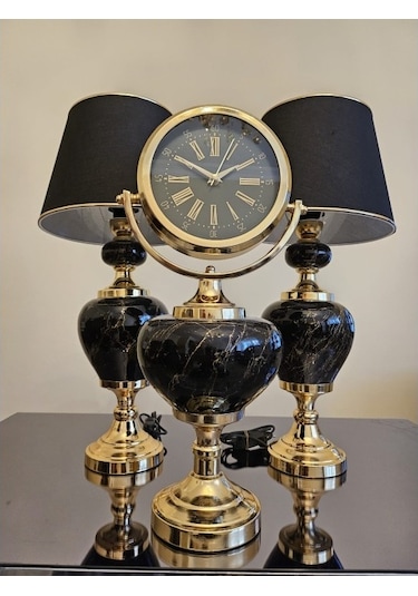 Gold Metal Detaylı Siyah Abajur Ve Saat Set Diğer
