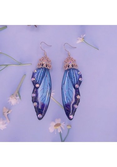 Wezone Şık Ve Zarif Kelebek Kanatlı Gelin Küpeleri - Altın Mavi Elmas Detaylı Gold