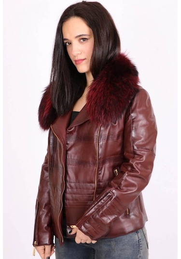 Bordo Hakiki Deri Çıkarılabilir Kürk Yakalı Mont Kaban