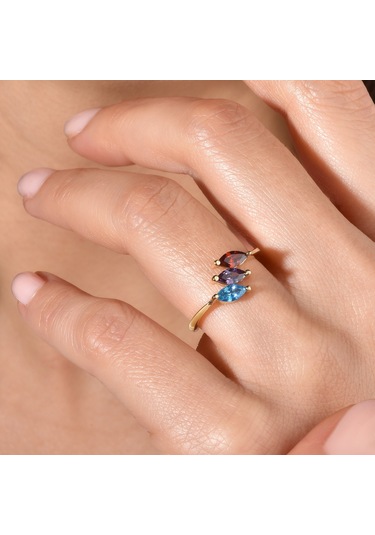 14 Ayar Altın Kaplama Markiz Renkli Taşlı Yüzük - Rs00105 Altın