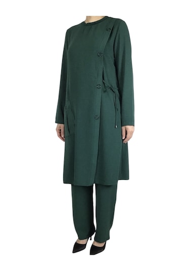 Kadın Önden Tek Cepli Sahte Düğme Detaylı Pantolon Beli Lastikli İkili Takım Yeşil