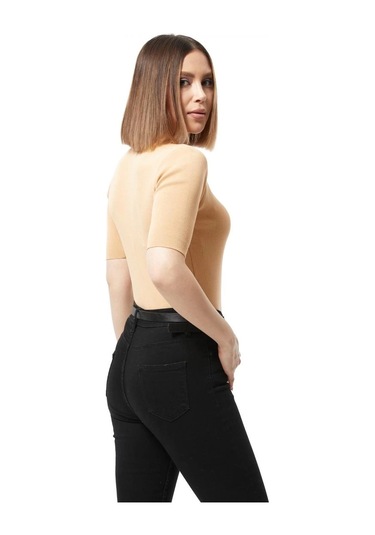 Defymoda Gömlek Yaka Yazlık Triko Bluz Bej
