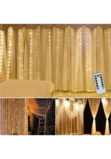 Perde Led- 3x3 Metre - 8 Fonksiyonlu - Usb + Adaptör - Kancalı Sarı