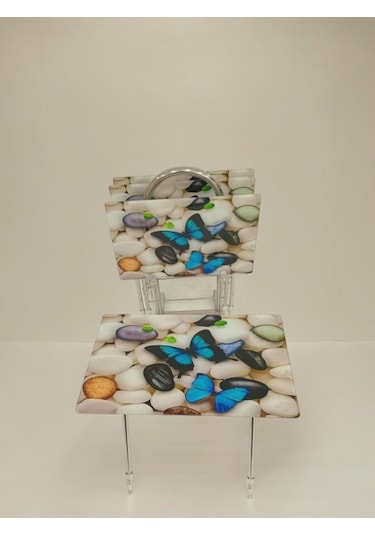 Liza Serisi Çanta Zigon, 4 Lü Katlanabilir Sehpa, Cam Sehpa, Çanta Sehpa Krom Ayak Kelebek