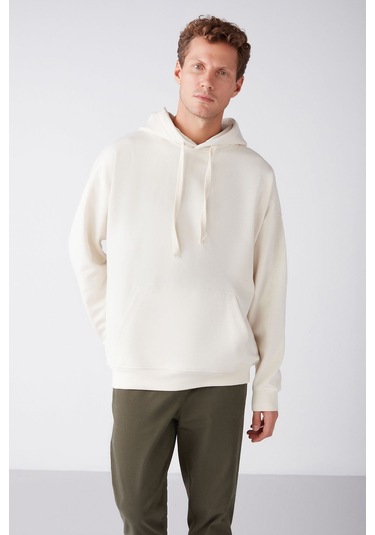 GRIMELANGE Steve Erkek Yumusaçık Kumaşlı Kordonlu Oversize Kapüşonlu Kanguru Cepli Ekru Sweatshirt Ekru