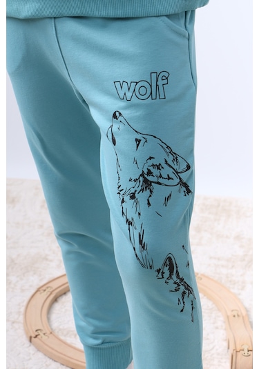 Erkek Çocuk Kapşonlu Eşofman Takımı 4 Mevsim Wolf Baskılı Ribanalı F12 Mavi