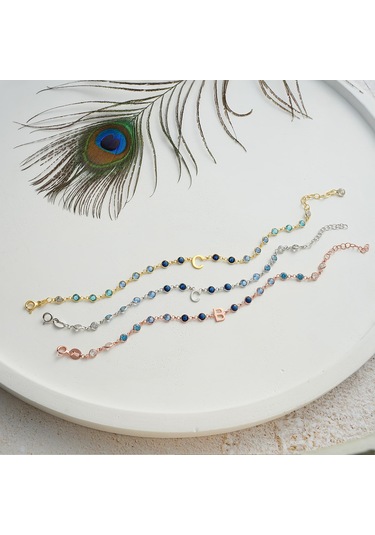 Queen Silver Jewelry  925 Ayar Gümüş Harf Bileklik Mavi Renk Geçişli Tamtur Altın