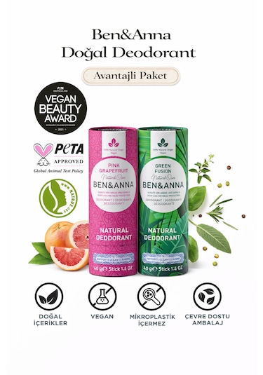 Ben&anna Doğal Deodorant 2 Li Avantajlı Paket Pink Grapefruit & Green Fusion